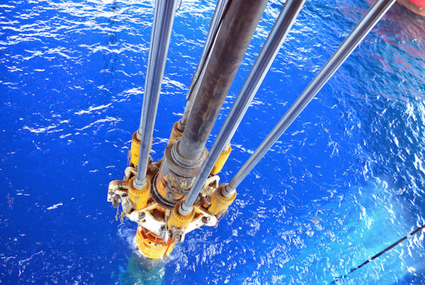 Drilling equipment below a semi-submersible rig in deep Gulf of Mexico waters.