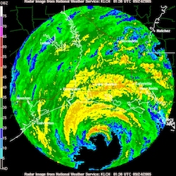 Radar image of Hurricane Rita approaching landfall along the Texas-Louisiana border in September 2005.