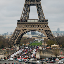 Protesters at the Eiffel Tower during the U.N. climate summit in Paris, December, 2015
