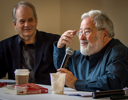 Cognitive scientist George Lakoff, right, and former journalist Glenn Smith, left, urged journalists to consider the "framework" through which news consumers read their stories.