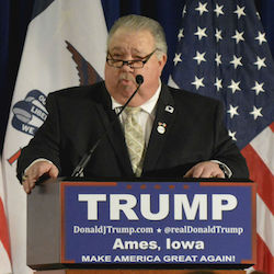 Sam Clovis, at a Trump campaign rally in January 2016, was an Iowa talk show host before being nominated as top science official at the Agriculture Department. He later withdrew his nomination after being implicated in the Trump-Russia scandal.